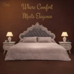 غرفة نوم كلاسيكية فاخرة سرير كابتونيه مخمل رمادي مع تسريحة ووحدة أدراج مرسومة يدوياً.