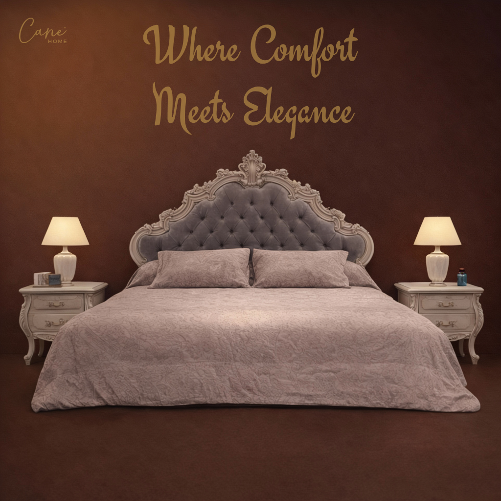 غرفة نوم كلاسيكية فاخرة سرير كابتونيه مخمل رمادي مع تسريحة ووحدة أدراج مرسومة يدوياً.