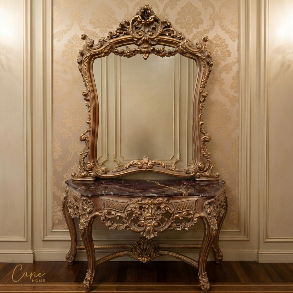 مدخل ملكي كلاسيكي مع مرآة ضخمة، سطح رخام طبيعي وإطار خشب زان ذهبي.