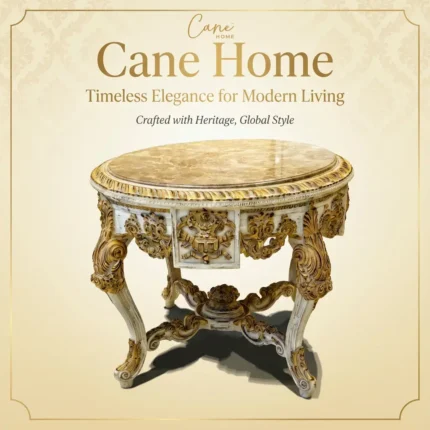 طاولة مدخل كلاسيكية خشب زان أوف وايت وذهب معتق مع سطح رخام طبيعي من كاني هوم.