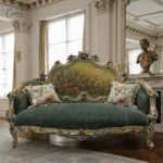 كنبة كلاسيكية خشب زان محفور يدوياً مع مسند ظهر كانيه مرسوم بلوحات زيتية.