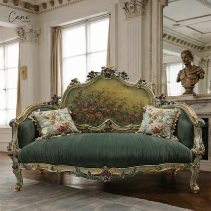 كنبة كلاسيكية خشب زان محفور يدوياً مع مسند ظهر كانيه مرسوم بلوحات زيتية.