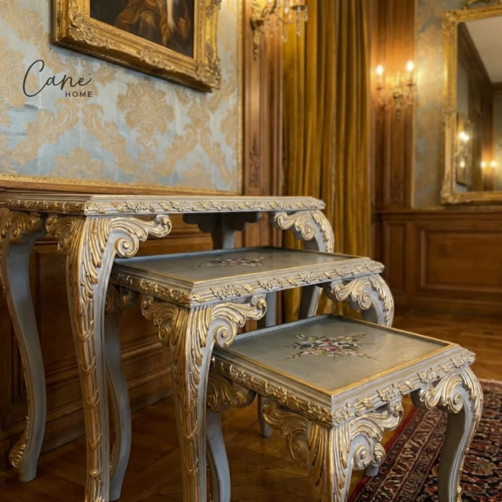 طقم طاولات خدمة كلاسيكي 3 قطع لون سماوي وذهبي فرنسي محفور يدوياً مع رسومات فنية من كاني هوم.
