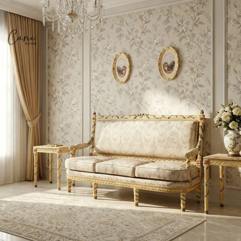 طقم كنب كلاسيكي فرنسي 3 مقاعد مع 4 كراسي مفرد وطاولات جانبية من خشب الزان من كاني هوم.