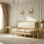 طقم كنب كلاسيكي فرنسي 3 مقاعد مع 4 كراسي مفرد وطاولات جانبية من خشب الزان من كاني هوم.