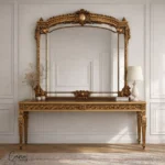 كونسول لوفر ملكي طويل خشب طبيعي محفور بالكامل مع مرآة جدارية عريضة بطلاء ذهبي فاخر من كاني هوم.