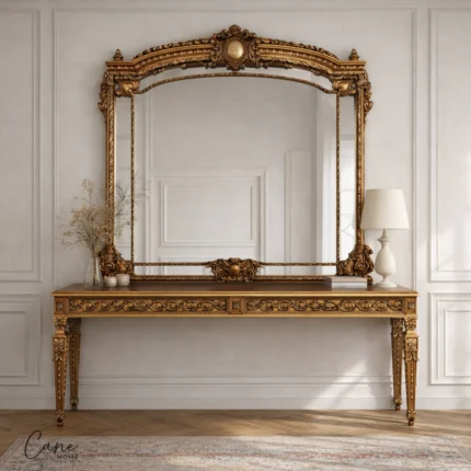 كونسول لوفر ملكي طويل خشب طبيعي محفور بالكامل مع مرآة جدارية عريضة بطلاء ذهبي فاخر من كاني هوم.