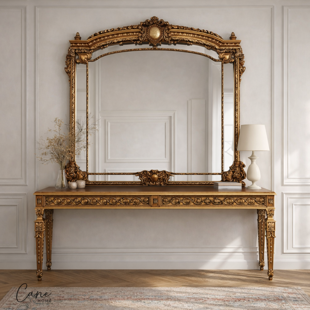 كونسول لوفر ملكي بمرآة - كاني هوم. كونسول لوفر ملكي طويل خشب طبيعي محفور بالكامل مع مرآة جدارية عريضة بطلاء ذهبي فاخر من كاني هوم.