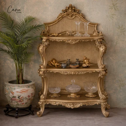 إيتاجيرا كلاسيكية بطلاء ذهبي معتق وحفر يدوي لعرض التحف والمبخر.