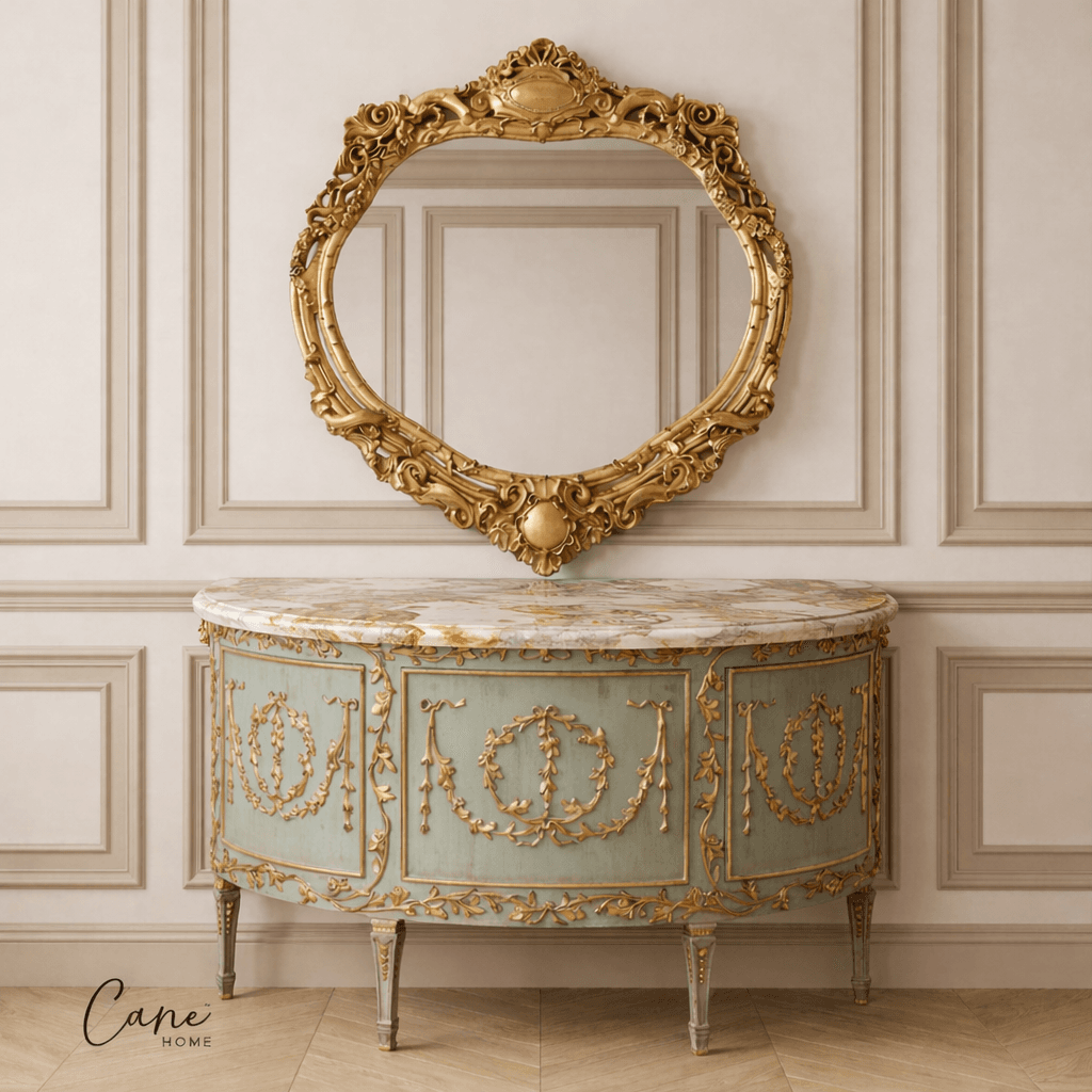 مدخل فيرساي الملكي - كاني هوم مدخل قصر فيرساي كلاسيكي، كونسول نصف دائري بسطح رخام طبيعي ومرآة ذهبية ضخمة