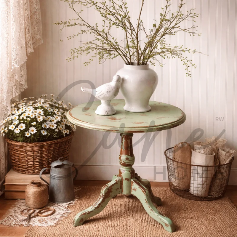 طاولة خشبية دائرية بطراز ريفي فينتج مع زهور وفازة في زاوية غرفة هادئة.