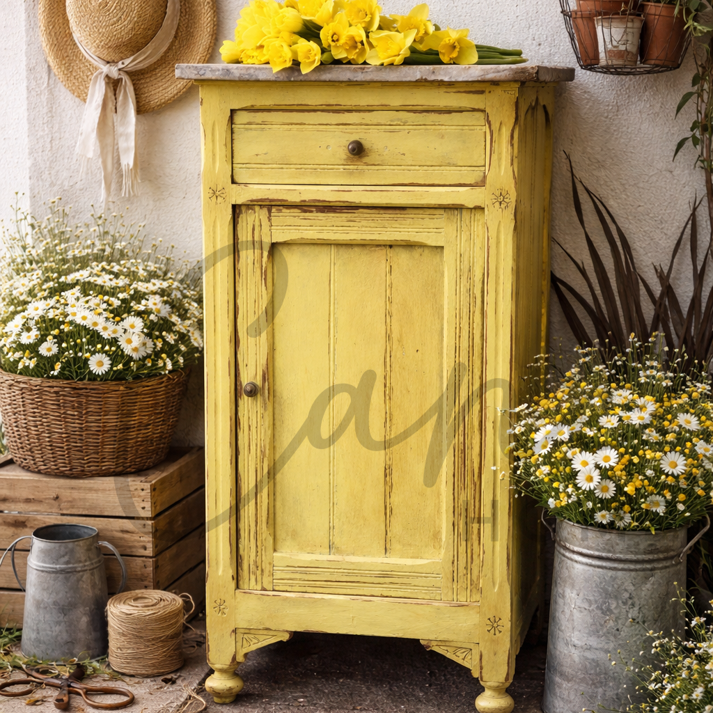 خزانة خشبية ريفية بتصميم فينتج ولون أصفر معتق مزينة بالزهور.