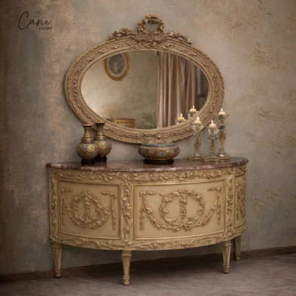 مدخل ملكي بيضاوي مع مرآة بيضاوية خشب زان أوف وايت وذهب معتق وسطح رخام من كاني هوم.