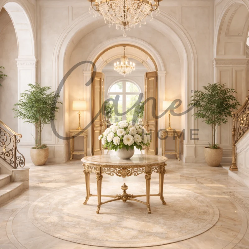 مدخل منزل كلاسيكي فخم يضم طاولة مركزية مذهبة وثريا كريستال ونباتات زينة.