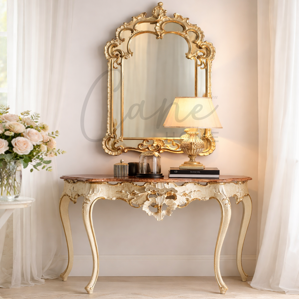 كنسول أبيض ومذهب مع مرآة ملكية مزخرفة وتنسيق إضاءة دافئة في مدخل فخم.