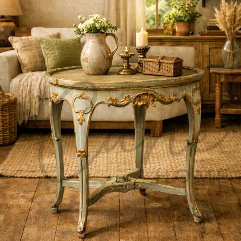 طاولة قهوة ريفية مذهبة مع فازة ورد وشموع في صالة منزل سعودي دافئة.