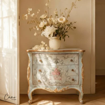 وحدة أدراج فرنسية كلاسيكية لون سماوي بخشب طبيعي محفور يدوياً ورسومات زهور فنية