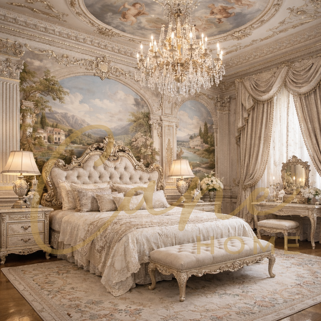 سرير مذهب منجد مع خلفية جدارية فنية وثريا كريستال في غرفة نوم فخمة.