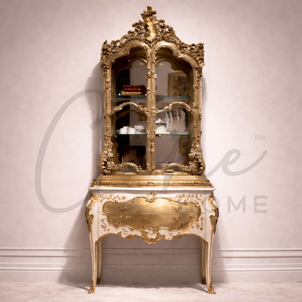 خزانة عرض (نيش) كلاسيكية باللونين الأبيض والذهب بتصميم ملكي فاخر.