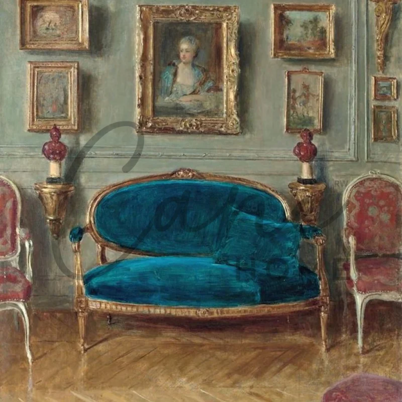 تصميم صالون ملكي يجمع بين الكنب المذهب واللوحات الفنية بستايل القصور الفرنسية.