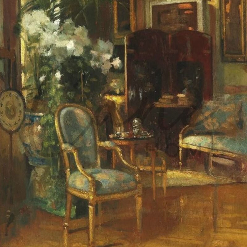 تصميم صالون ملكي يجمع بين الكنب المذهب واللوحات الفنية بستايل القصور الفرنسية.