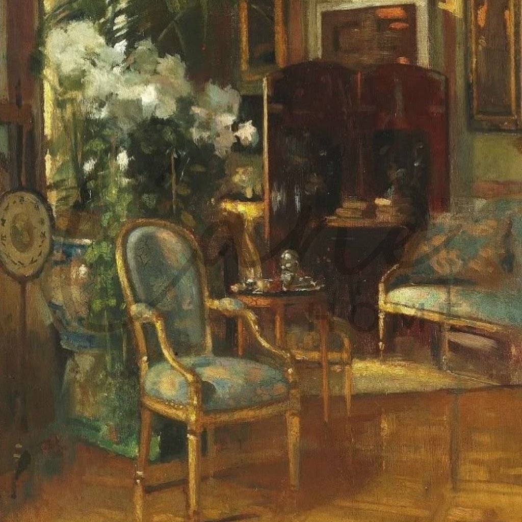 تصميم صالون ملكي يجمع بين الكنب المذهب واللوحات الفنية بستايل القصور الفرنسية.