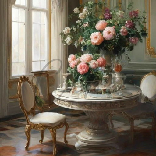 طاولة طعام دائرية صغيرة بتصميم فرنسي مذهب مع كراسي منجدة وزهور وردية كثيفة.