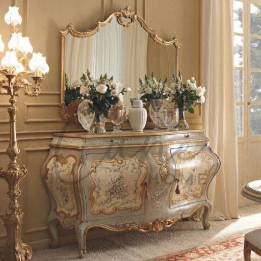 بوفيه كلاسيكي فرنسي منقوش يدوياً مع مرآة مذهبة فخمة