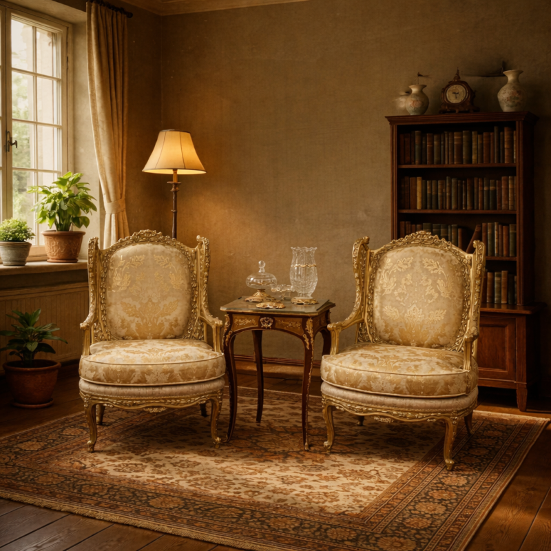 طقم صالون كلاسيكي مذهب من قطعتين مع طاولة خدمة ومكتبة خشبية بجوار نافذة مشمسة.