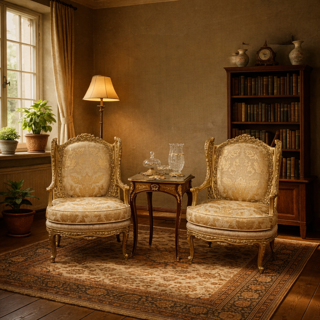 طقم صالون كلاسيكي مذهب من قطعتين مع طاولة خدمة ومكتبة خشبية بجوار نافذة مشمسة.