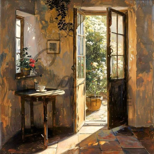 طاولة خدمة خشبية دائرية في ركن كلاسيكي مشمس بجوار نافذة