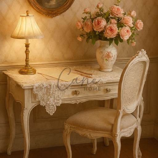 مكتب كتابة كلاسيكي باللون الأبيض العتيق مع كرسي فرنسي وفازة زهور وردية وإضاءة دافئة.