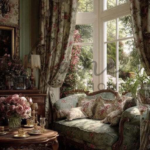كنب صالون فرنسي كلاسيكي بنقوش الزهور الوردية مع ستائر متطابقة في غرفة معيشة فاخرة.