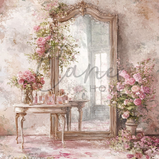 ركن زينة فرنسي يضم مرآة طويلة بإطار كلاسيكي وطاولة رقيقة محاطة بزهور وردية.