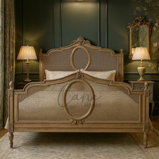سرير كلاسيكي من الخشب المحفور مع ظهر من الخيزران (Cane) وإضاءة جانبية دافئة أمام جدار زيتي.