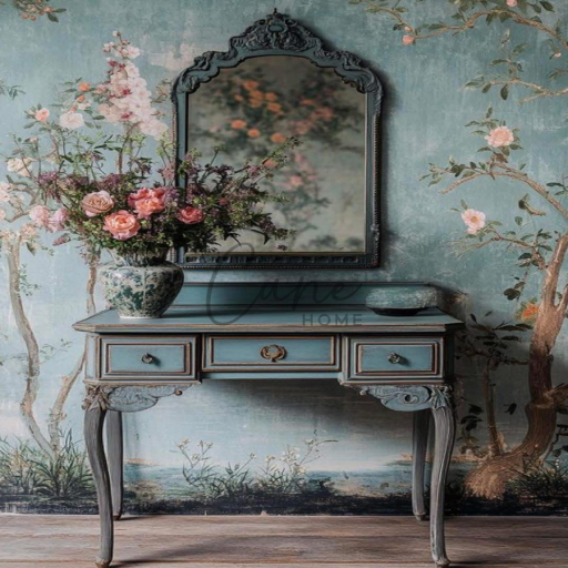 كونسول كلاسيكي فاخر بلون أزرق بترولي مع مرآة ملكية وفازة زهور طبيعية أمام جدار مرسوم.