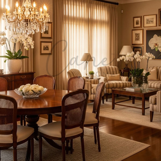 غرفة طعام نيوكلاسيك تضم طاولة دائرية خشبية وكراسي "بامبو" بجوار غرفة معيشة مخططة وثريا كريستال فخمة.