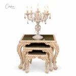 طقم طاولات خدمة 3 قطع خشب محفور يدوياً لون أوف وايت وذهب من كاني هوم.