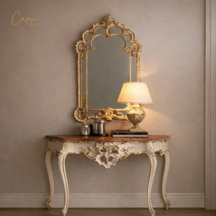 طاولة مدخل كلاسيكية فاخرة خشب زان أوف وايت وذهب مع مرآة جدارية محفورة من كاني هوم.