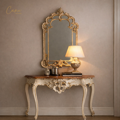 مدخل فيرساي الملكي بمرآة - كاني هوم. طاولة مدخل كلاسيكية فاخرة خشب زان أوف وايت وذهب مع مرآة جدارية محفورة من كاني هوم.