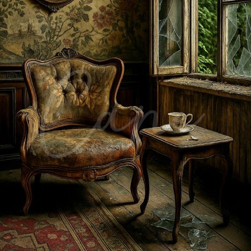 كرسي كلاسيكي فرنسي معتق بنقوش زهور باهتة بجانب طاولة جانبية خشبية ونافذة قديمة في ركن يجسد نمط الأنتيك الفاخر.
