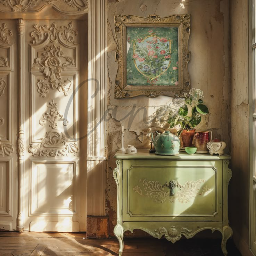 كومودينو فرنسي عتيق باللون الأخضر الباستيل مع نقوش كلاسيكية تحت لوحة فنية.