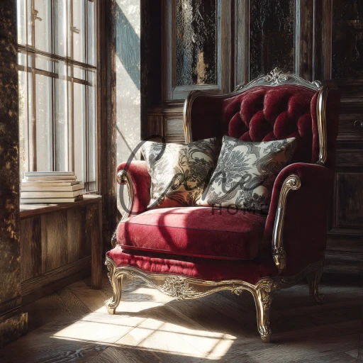 كرسي كلاسيكي فخم من المخمل النبيذي بظهر كابوتونيه وإطار فضي منحوت بجوار نافذة مشمسة مع كتب ووسائد مشجرة.