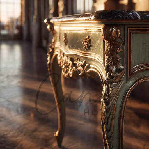 تفاصيل جانبية لكونسول كلاسيكي فرنسي بلون أخضر باستيل وزخارف مذهبة مع سطح رخامي أسود تحت ضوء الشمس الدافئ.