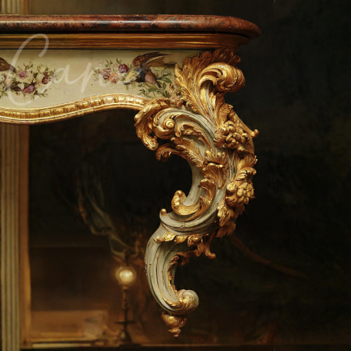 تفاصيل مقربة لرجل كونسول فرنسي كلاسيكي مزينة بالحفر الخشبي المذهب ورسومات يدوية دقيقة لطيور وزهور ملونة.