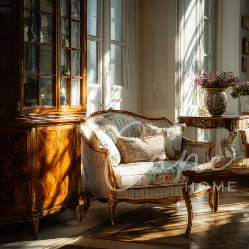 كنبة كلاسيكية فرنسية بنقوش زهور ملونة وهيكل مذهب بجوار خزانة كتب خشبية فخمة في غرفة جلوس مشمسة.