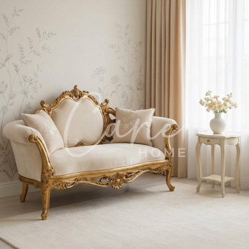 كنب لويس صغير مذهب بخطوط منحنية وتنجيد مخملي كريمي مع وسائد مطرزة بجانب طاولة جانبية رقيقة.