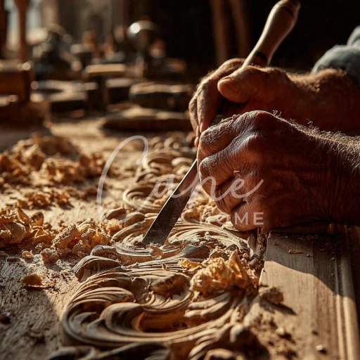 لقطة مقربة ليد حرفي تستخدم الإزميل لنحت زخارف نباتية دقيقة على قطعة خشب صلبة مع انتشار نشارة الخشب.حفر الخشب اليدوي.