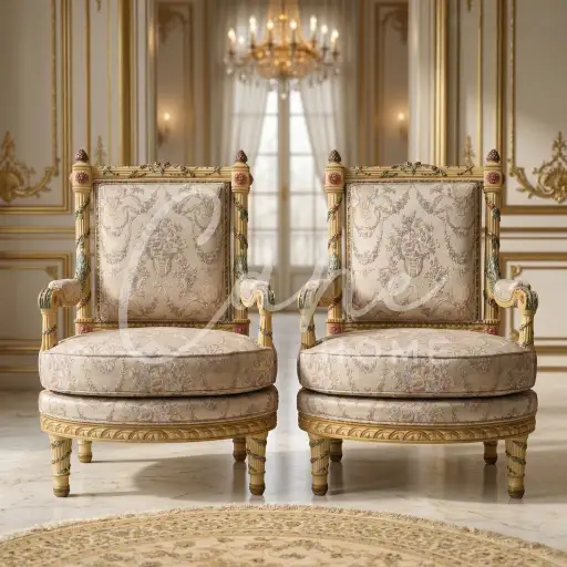 كونسول نيوكلاسيك باللون الكريمي مطلي بورق الذهب مع سطح رخامي داكن وتفاصيل حفر يدوية دقيقة لزهور.