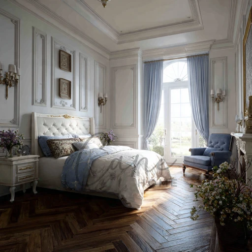 تصميم غرفة نوم ماستر كلاسيك بيضاء مع سرير كابوتونيه ومقعد أزرق فاتح بجوار نافذة كبيرة وأرضيات خشبية طبيعية.